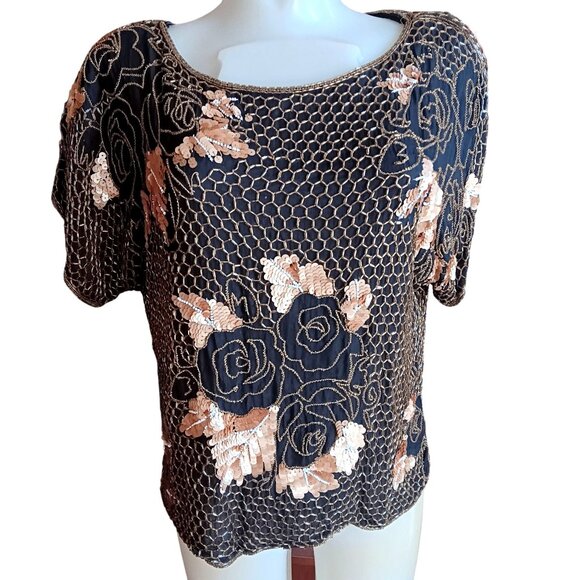 Small Vintage Sequin & Beaded Floral Blouse Top Womens Carolyne Barton India 90s - Picture 2 of 8